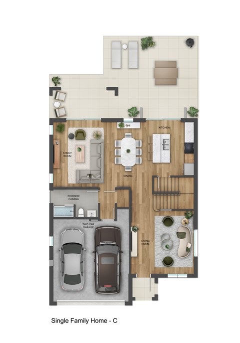 A floor plan of a single family home with a garage.